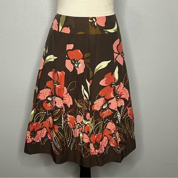 Talbots Skirt Women 2 Petite Brown Pink Floral Pleated Midi A Line Silk Blend - Picture 1 of 8